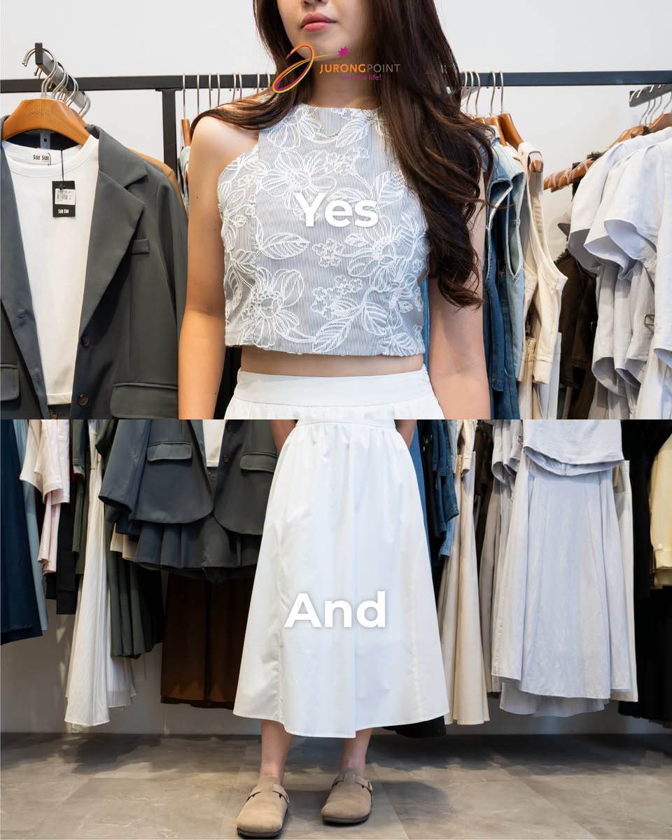 Jurong Point fashion outfit with white floral lace crop top