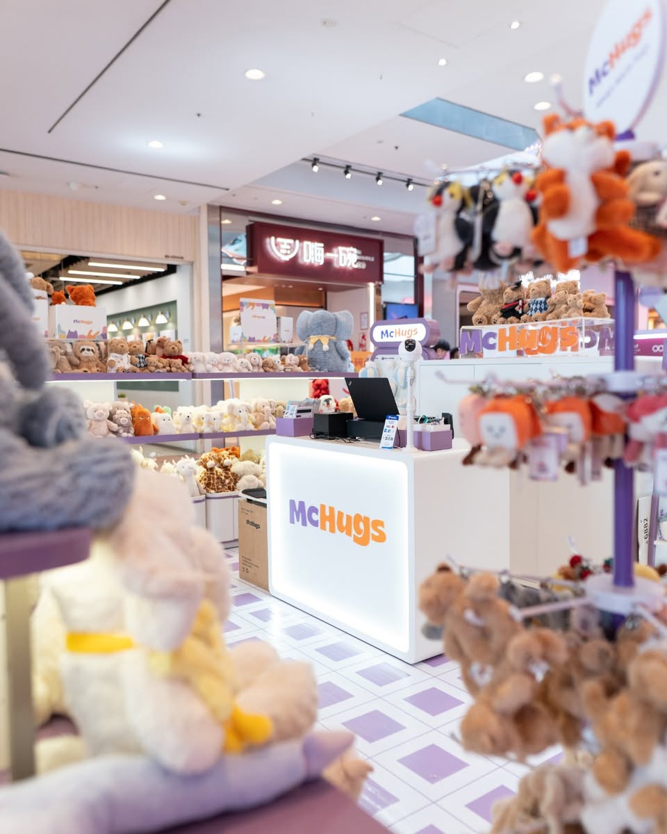 Close-up of adorable stuffed toys at the McHugs pop-up