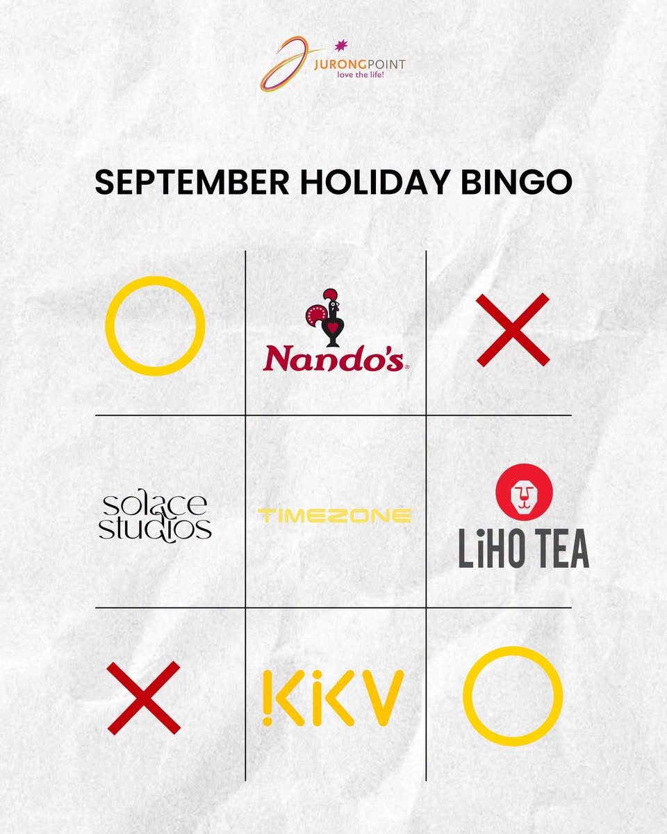 Jurong Point September Holiday Bingo grid featuring Nando's, solace studios, Timezone, LiHO Tea and KKV