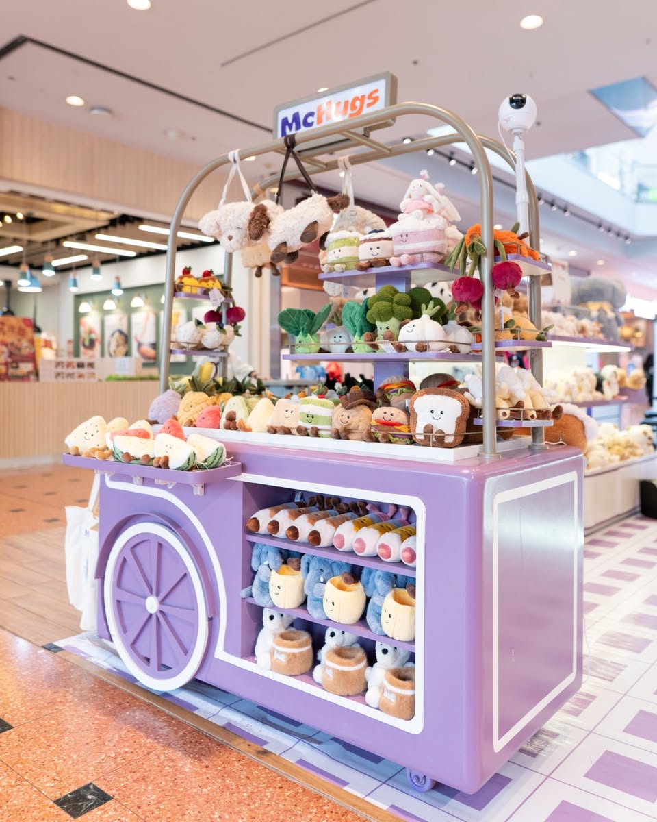 Various sizes and characters of plushies available for purchase