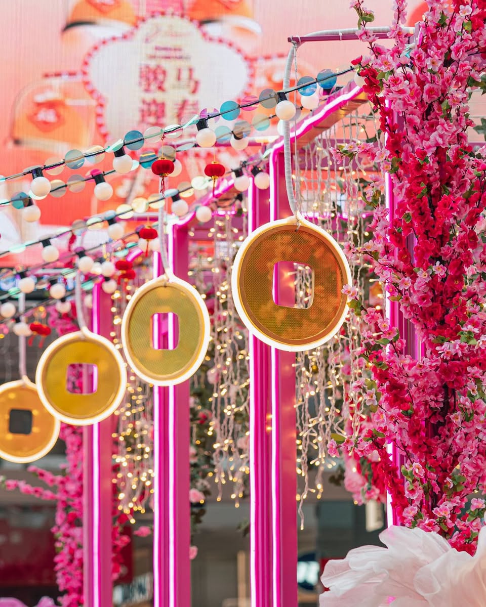 Vibrant red lanterns and traditional holiday displays