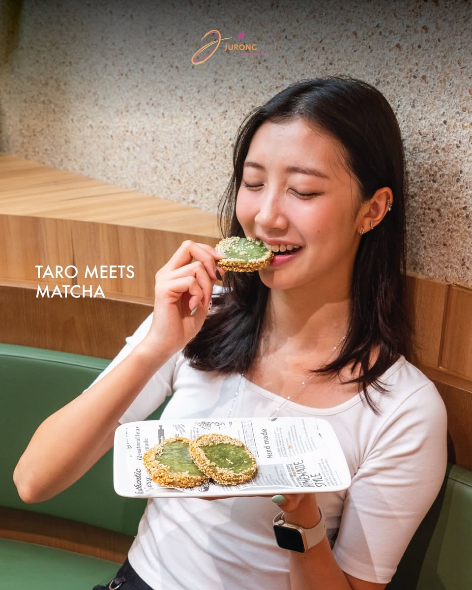 Little Pond Taro Meets Matcha dessert with green matcha filling and sesame-coated exterior at Jurong Point