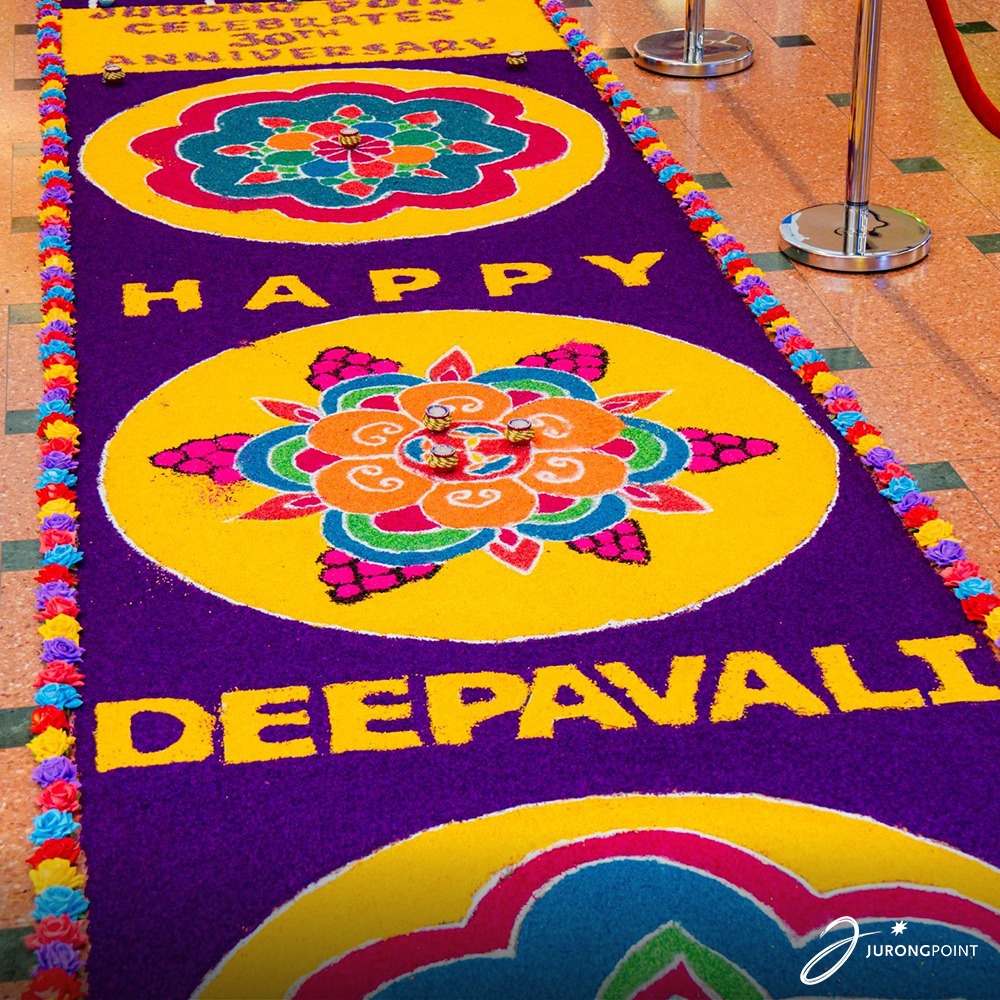 Close-up of intricate Deepavali rangoli art