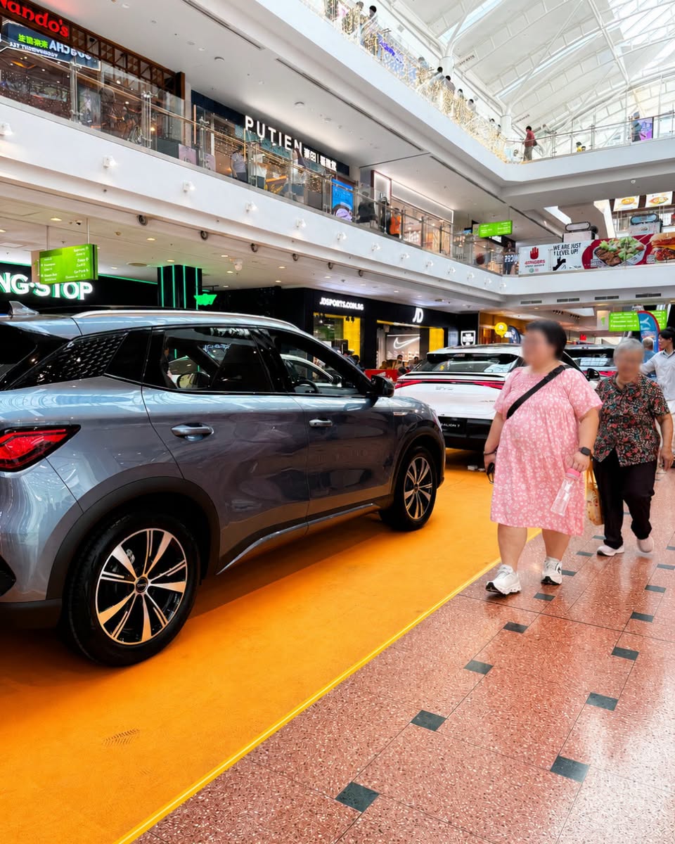 Gray BYD SUV displayed at Jurong Point atrium