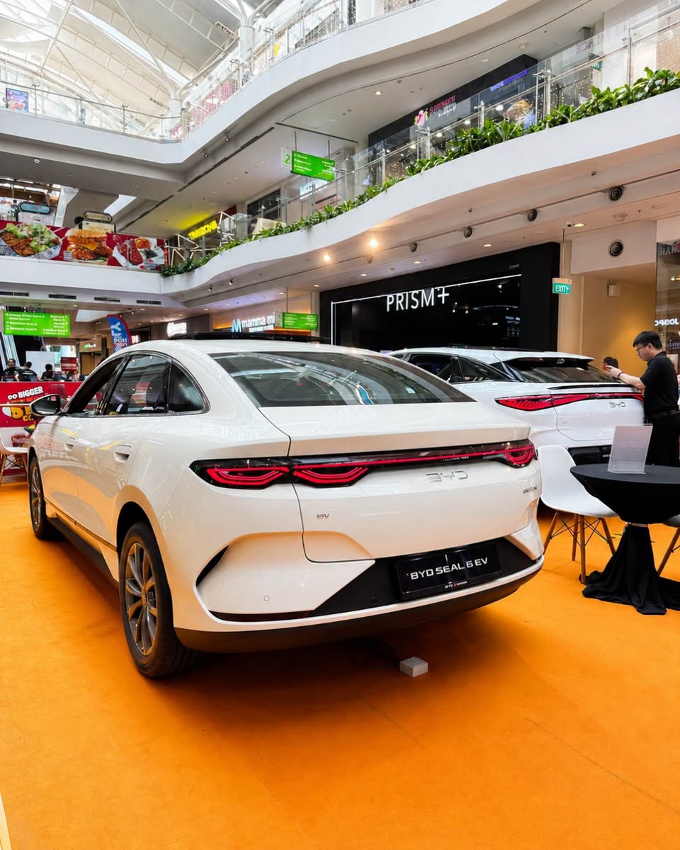 White BYD SEAL EV on display at Jurong Point
