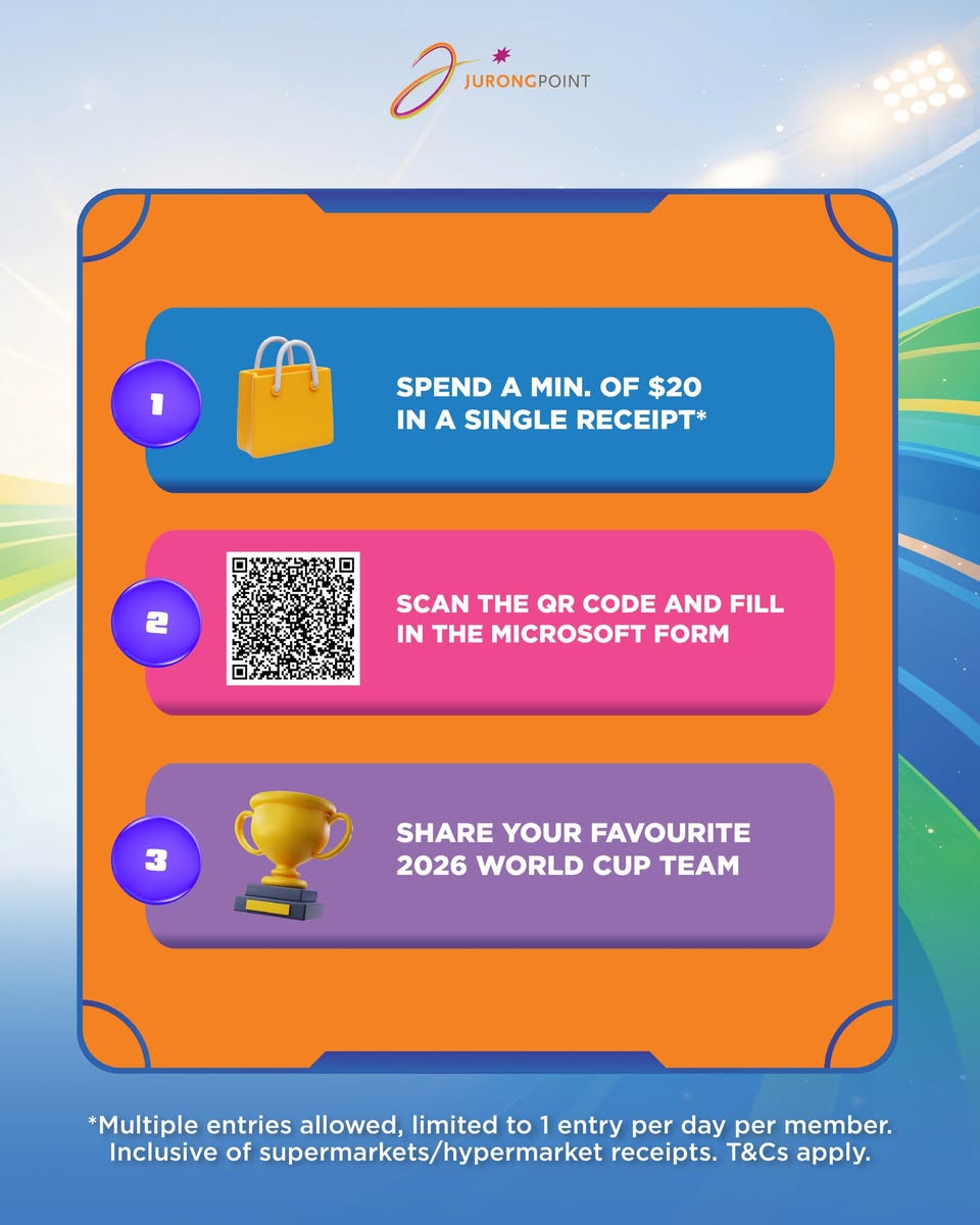 Jurong Point FIFA World Cup contest entry steps showing spend QR code and form
