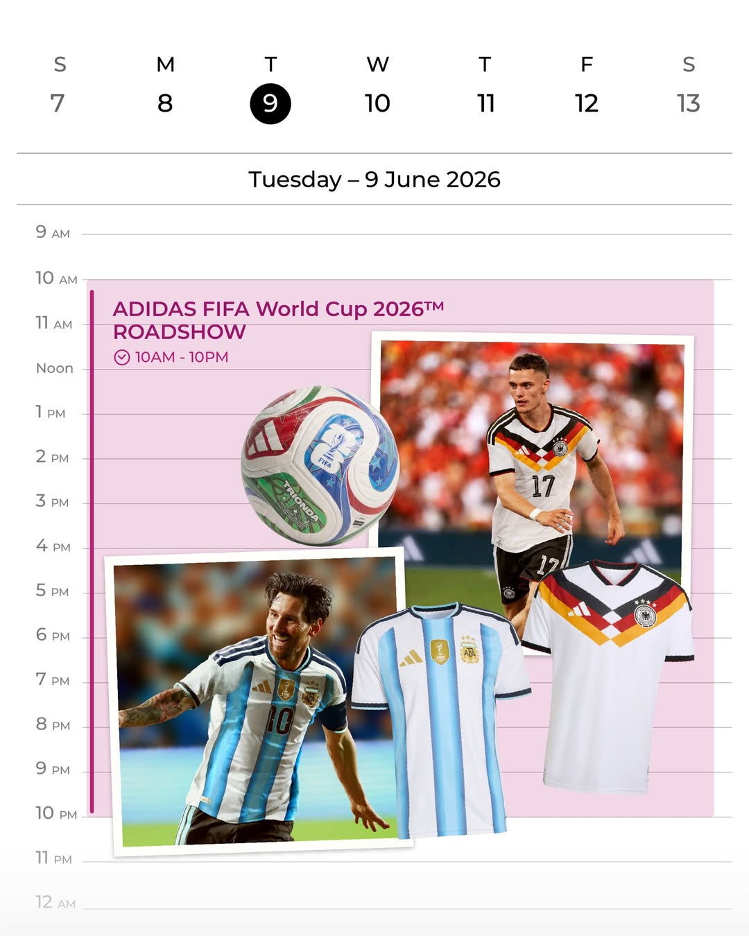 Adidas FIFA World Cup 2026 Roadshow at Jurong Point featuring Germany and Argentina national team jerseys and official match ball