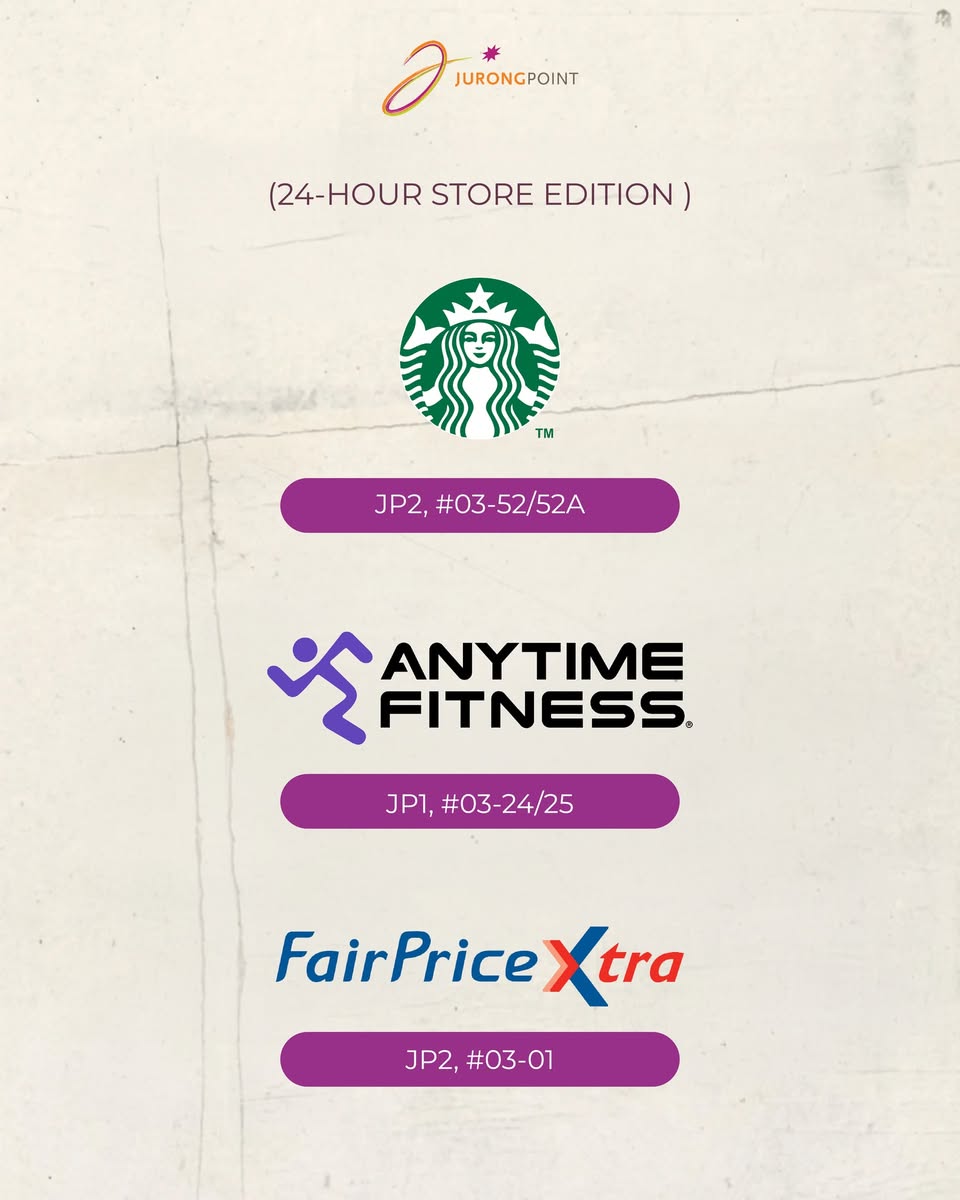 Jurong Point 24-hour store directory: Starbucks JP2 #03-52, Anytime Fitness JP1 #03-24, FairPrice Xtra JP2 #03-01